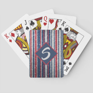 Patriotic Red White Blue Glitter Stripes Monogram Playing Cards