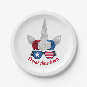 Patriotic Red White Blue Glitter Unicorn Paper Plate