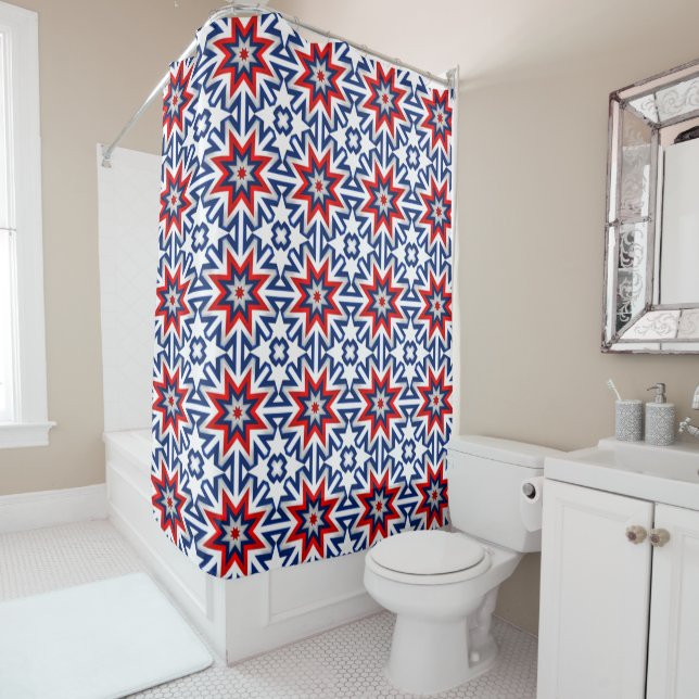 Patriotic Red White Blue Graphic Pattern Shower Curtain (In Situ)