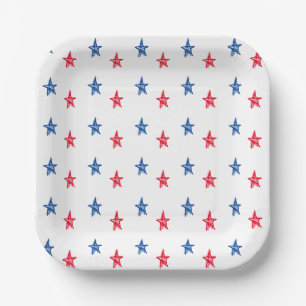 Patriotic red white blue hand drawn stars cute paper plate