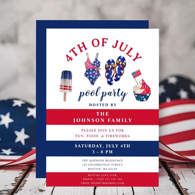 Patriotic Red White & Blue July Pool Party 4th Of Invitation (Patriotic Red White & Blue July Pool Party 4th Of Invitation Card.)