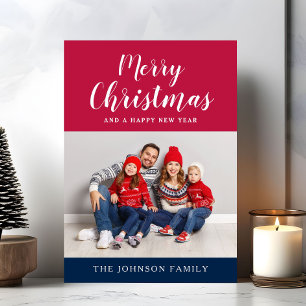 Patriotic Red White Blue Merry Christmas Photo Holiday Card