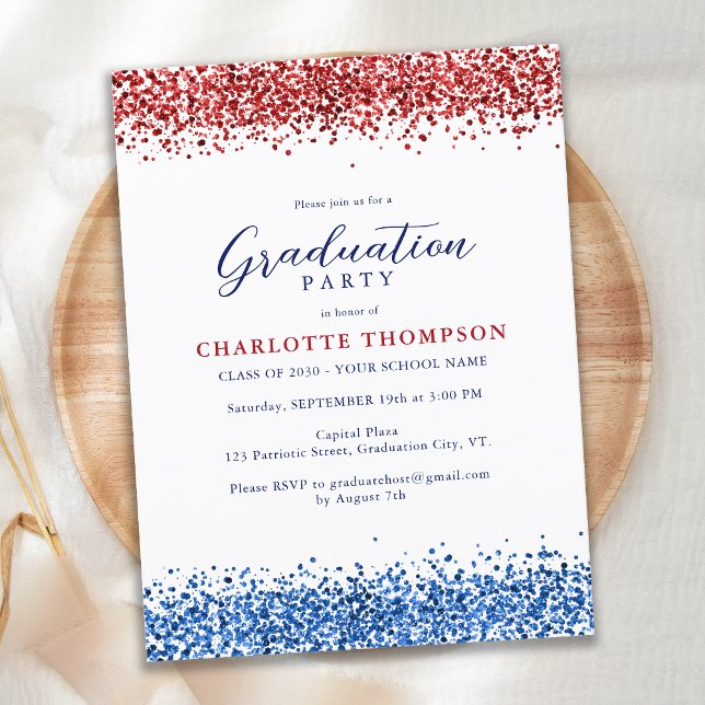 Patriotic Red White Blue Modern Glitter Graduation Invitation Postcard (Creator Uploaded)