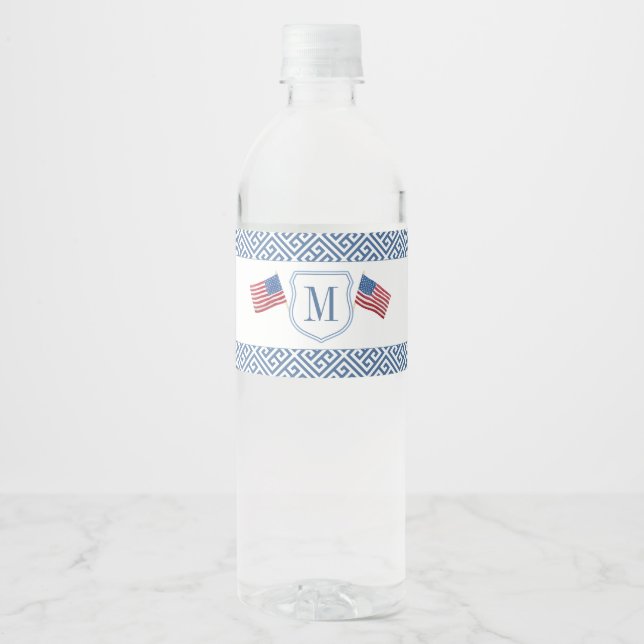 Patriotic Red White Blue Monogram Wedding Party Water Bottle Label (Front)