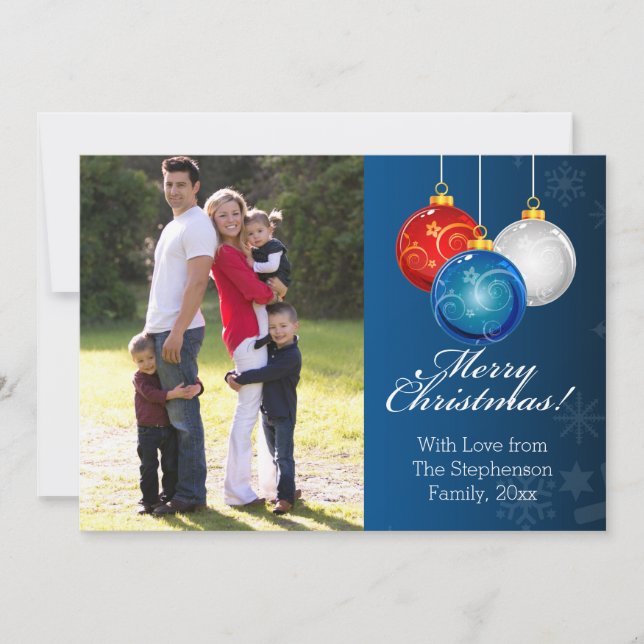 Patriotic Red White Blue Ornaments Christmas Photo Holiday Card (Front)