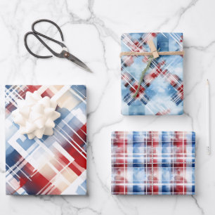 Patriotic Red White Blue Plaid Complementary Set Wrapping Paper Sheet