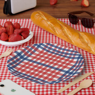 Patriotic Red White Blue Plaid Stripes Paper Plate