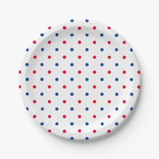 Patriotic red white blue polka dot pattern holiday paper plate (Front)