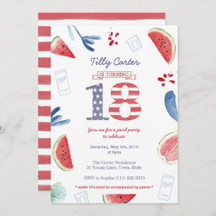 Patriotic Red White Blue  Pool Party 18th Birthday Invitation