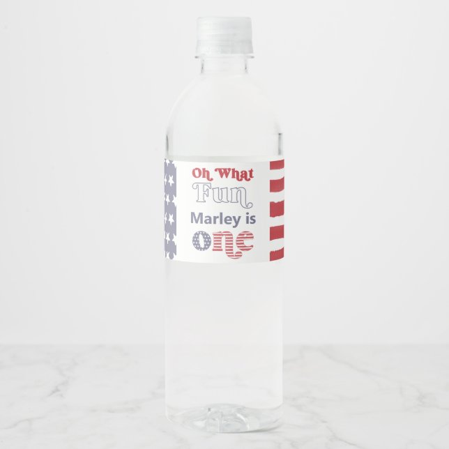 Patriotic Red White Blue Retro 1st Birthday Party Water Bottle Label (Front)