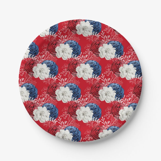 Patriotic Red White Blue Roses Bouquet Paper Plate (Front)
