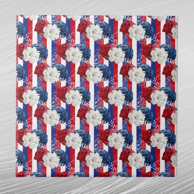 Patriotic Red White Blue Roses Stripe Floral Tile (Creator Uploaded)