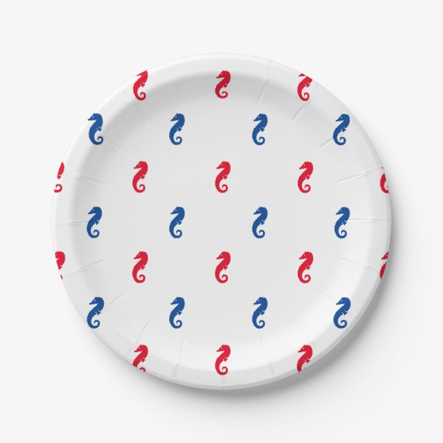 Patriotic red white blue seahorse pattern paper plate (Front)