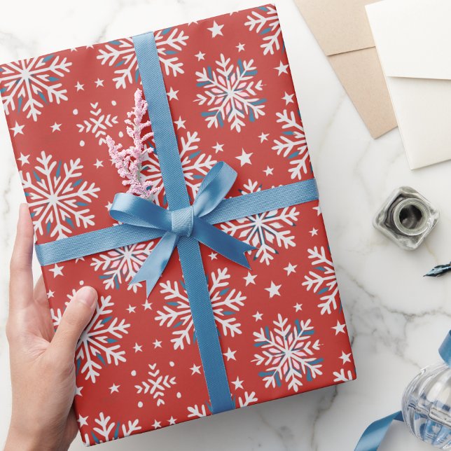 Patriotic Red White Blue Snowflake Christmas Wrap Wrapping Paper (Creator Uploaded)
