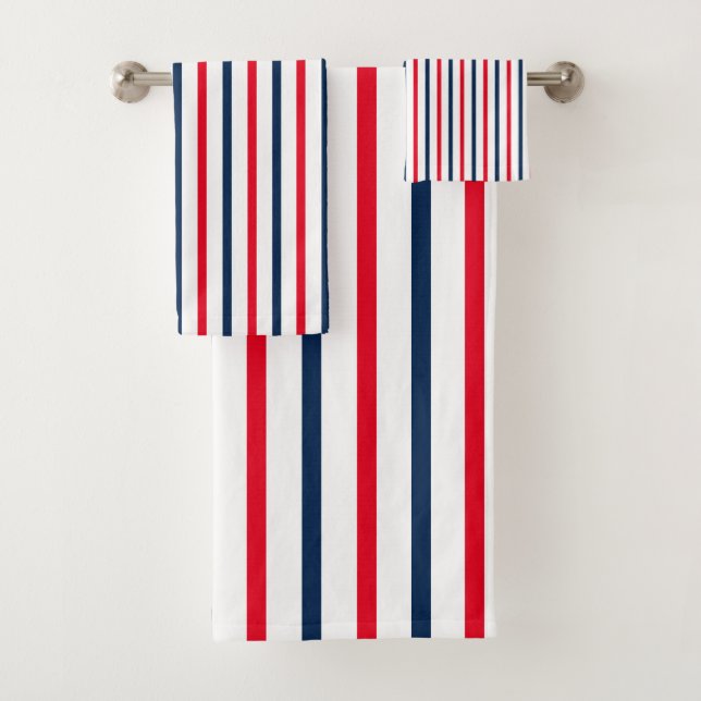 Patriotic red white blue stripes bath towel set (Insitu)