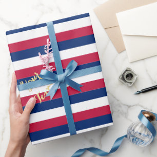 Patriotic Red White Blue Stripes Pattern Gold Text Wrapping Paper