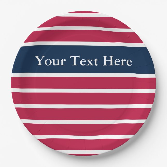 Patriotic Red White Blue Stripes Pattern Your Text Paper Plate (Front)