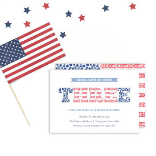 Patriotic Red White Blue Twins 3rd Birthday Party Invitation