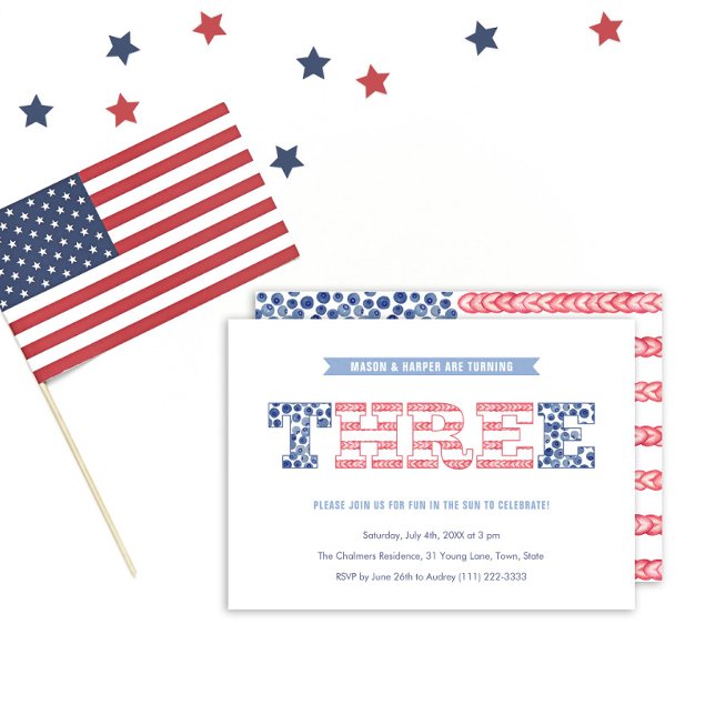 Patriotic Red White Blue Twins 3rd Birthday Party Invitation (Creator Uploaded)