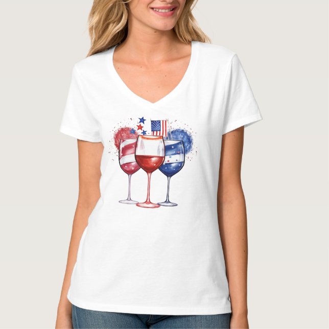 PATRIOTIC RED WHITE BLUE USA WINE GLASSES T-Shirt (Front)