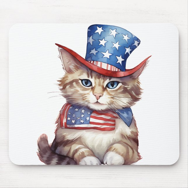 PATRIOTIC RED WHITE BLUE WATERCOLOR KITTY CAT MOUSE PAD (Front)