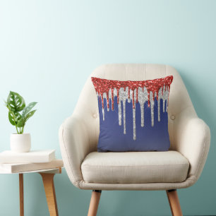 Patriotic Red White Glitter Drip Blue Cushion