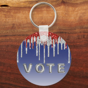Patriotic Red White Glitter Drip Blue Vote Key Ring