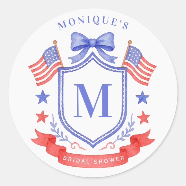 Patriotic Red White & I Do Monogram Bridal Shower Classic Round Sticker (Front)
