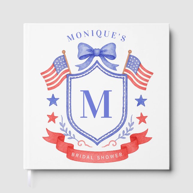 Patriotic Red White & I Do Monogram Bridal Shower Guest Book (Front)
