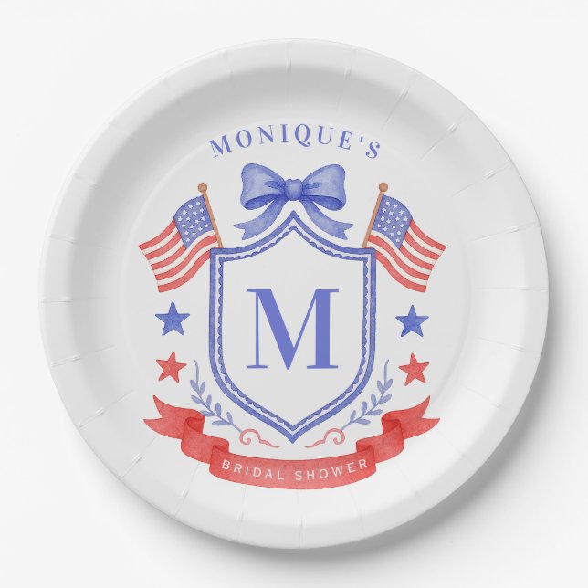 Patriotic Red White & I Do Monogram Bridal Shower Paper Plate (Front)