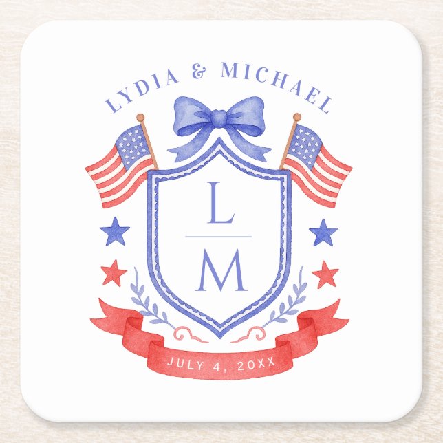 Patriotic Red White & I Do Monogram Wedding Square Paper Coaster (Front)