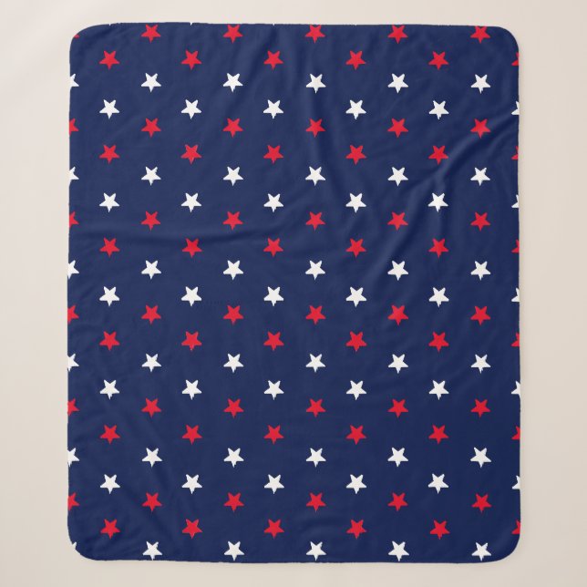 Patriotic red white navy blue star pattern modern  sherpa blanket (Front)