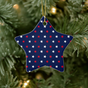 Patriotic red white navy blue stars Christmas Ceramic Tree Decoration