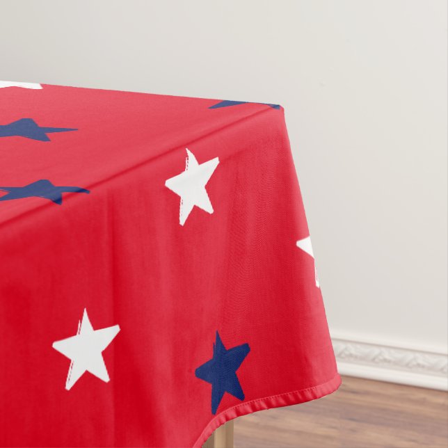 Patriotic red white navy blue stars pattern modern tablecloth (In Situ)