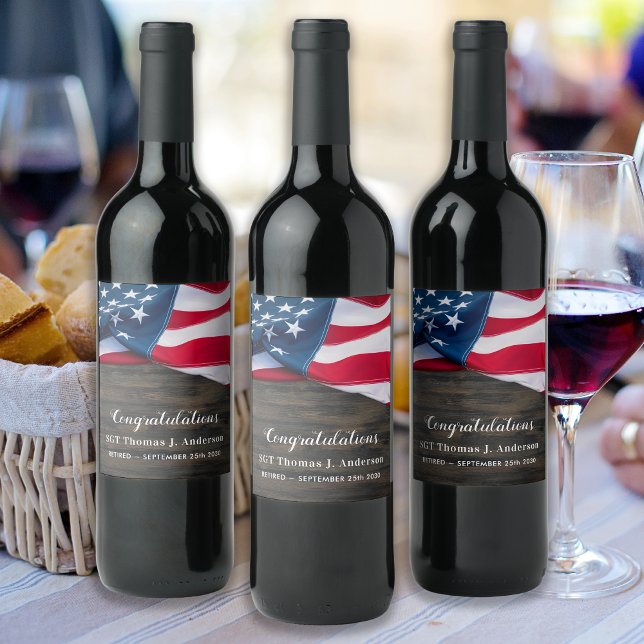 Patriotic Retirement American Flag Military Wine Label (Creator Uploaded)