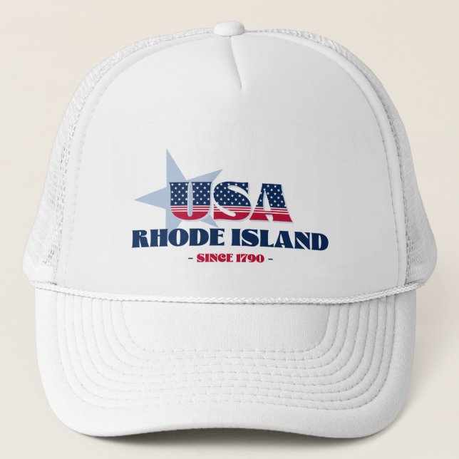 Patriotic Rhode Island Typography Trucker Hat (Front)