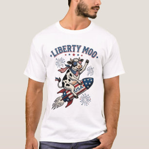 Patriotic Rocket Cow Vintage Engraving Shirt