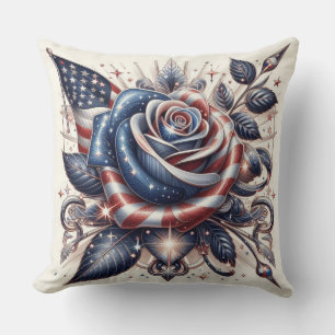 Patriotic Rose and American Flag Independence Day Cushion