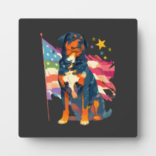 Patriotic Rottweiler with USA Flag Art Plaque