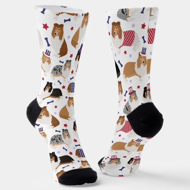 Patriotic Rough Collie Pattern Socks (Angled)