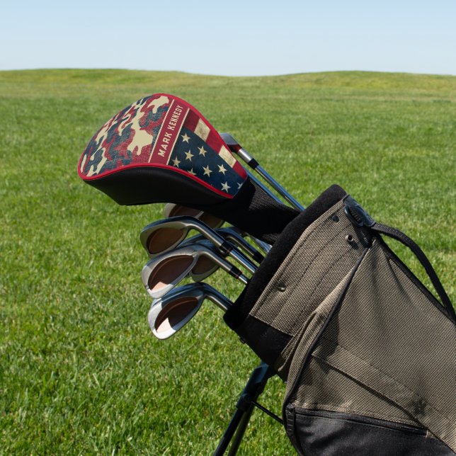 Patriotic Rustic American Flag Camo Pattern Name Golf Head Cover (In Situ)