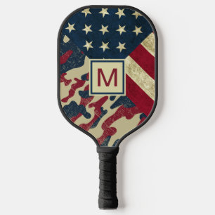 Patriotic Rustic Camo American Flag Monogrammed Pickleball Paddle