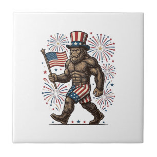 Patriotic Sasquatch Fireworks Vintage Engraving De Tile
