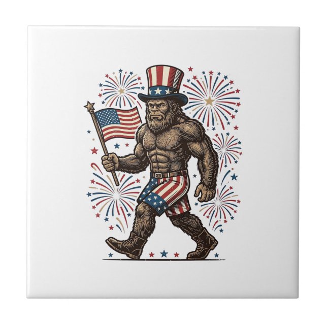 Patriotic Sasquatch Fireworks Vintage Engraving De Tile (Front)