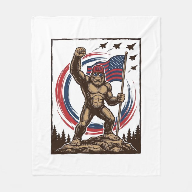 Patriotic Sasquatch Flag Vintage Fleece Blanket (Front)