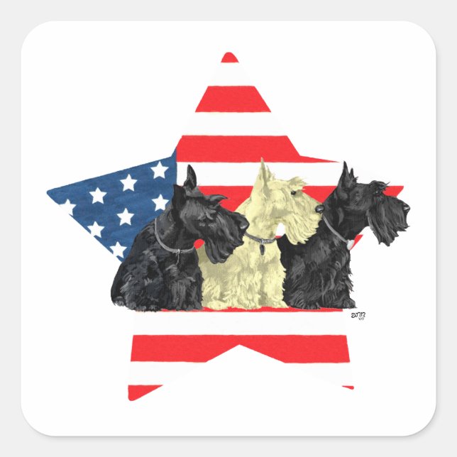 Patriotic Scottish Terriers on Star Square Sticker (Front)