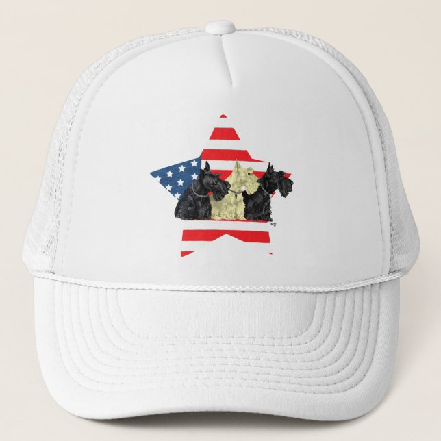 Patriotic Scottish Terriers on Star Trucker Hat (Front)