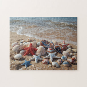 Patriotic seashells & starfish on a sandy beach jigsaw puzzle