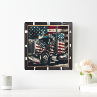 Patriotic Semi-Truck American Flag Square Wall Clock