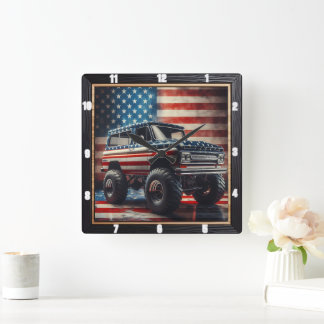Patriotic Semi-Truck American Flag Square Wall Clock